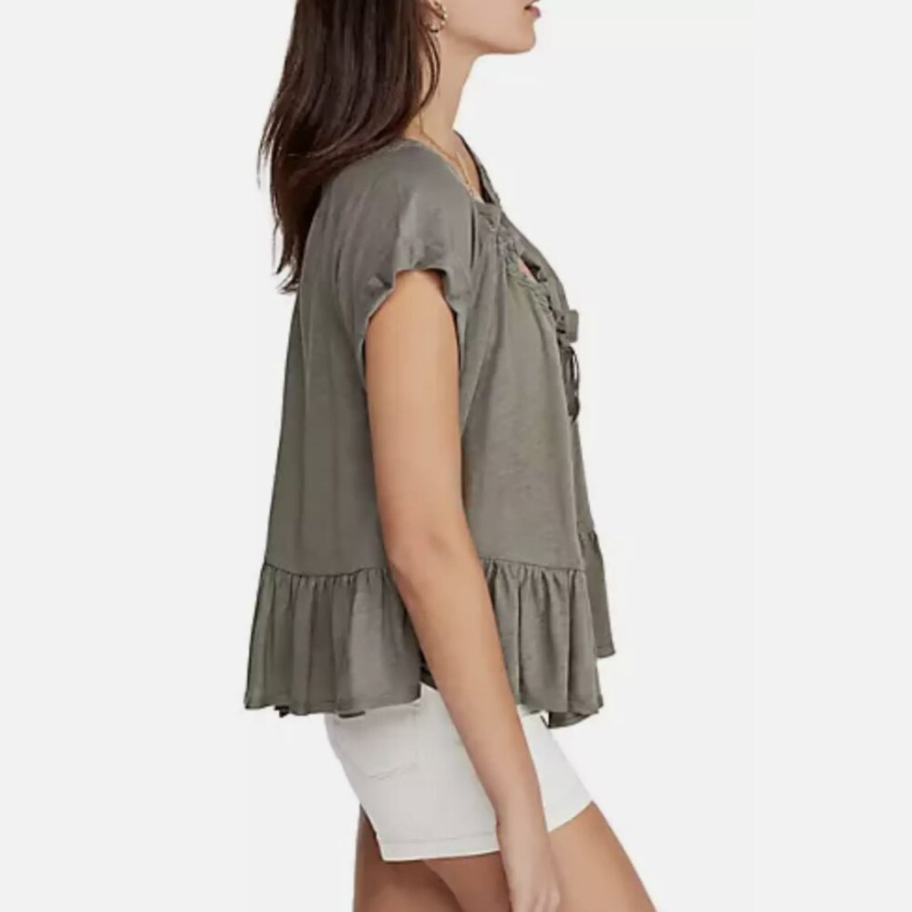 Free People Sage Green Short Sleeve Charlie Tee Top - Picture 2 of 5